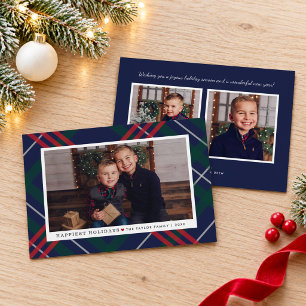 Classic Navy Tartan Plaid Photo Collage Holiday Card