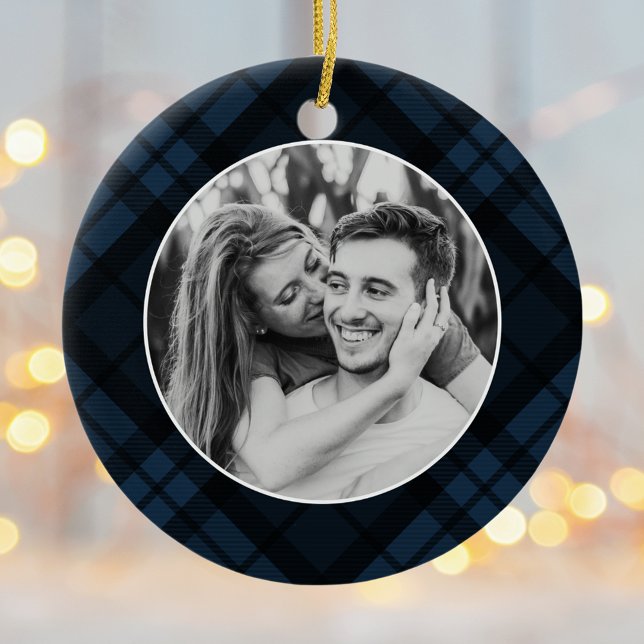 Classic Navy Tartan Plaid Photo Holiday Ceramic Ornament (Creator Uploaded)