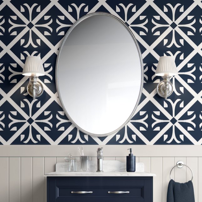 Classic Navy Tiles - Navy and White - Traditional Wallpaper (Classic Navy Tiles - Navy and White - Traditional Peel and Stick Wallpaper)