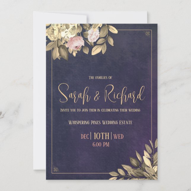 Classic Navy Velvet Botanical Wedding Invitation (Front)