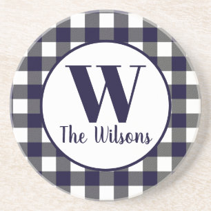 Classic Navy White Buffalo Plaid Monogram Coaster
