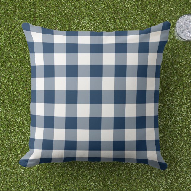 Classic Navy White Gingham Plaid Check Cushion (Grass)