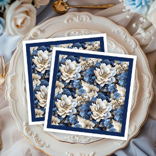 Classic Navy White Ivory Floral Elegant Napkins