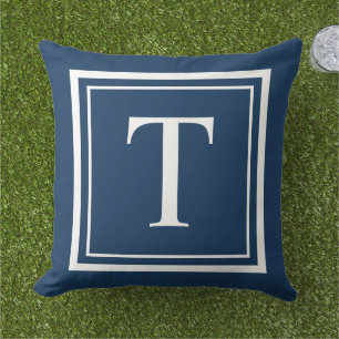 Classic Navy White Square Frame Monogram Cushion