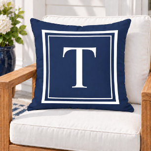 Classic Navy White Square Frame Monogram Cushion