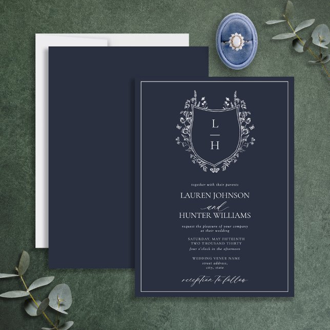 Classic Navy Wildflower Monogram Crest Wedding Invitation (Creator Uploaded)