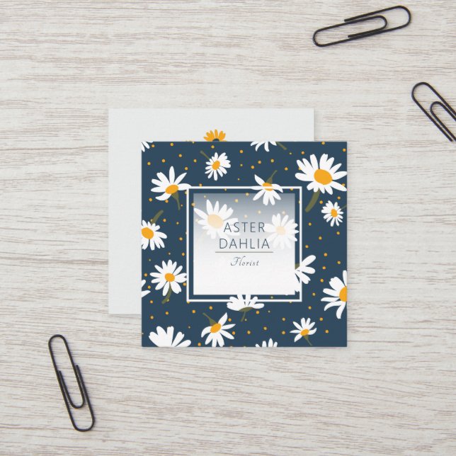 Classic Navy Yellow White Daisy Dot Floral Pattern Square Business Card (Front/Back In Situ)