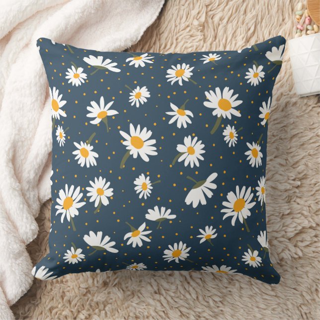 Classic Navy Yellow White Daisy Floral Pattern Cushion (Blanket)