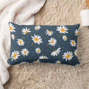 Classic Navy Yellow White Daisy Floral Pattern Lumbar Cushion