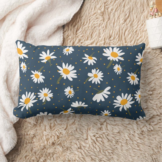 Classic Navy Yellow White Daisy Floral Pattern Lumbar Cushion (Blanket)