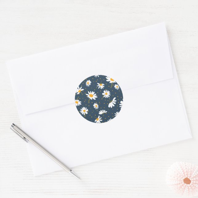 Classic Navy Yellow White Daisy Floral Pattern Round Sticker (Envelope)