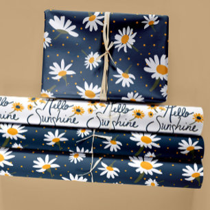 Classic Navy Yellow White Daisy Floral Pattern Wrapping Paper Sheet