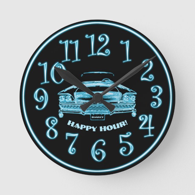 Classic Neon Car, Add Name to License, Happy Hour! Round Clock (Front)
