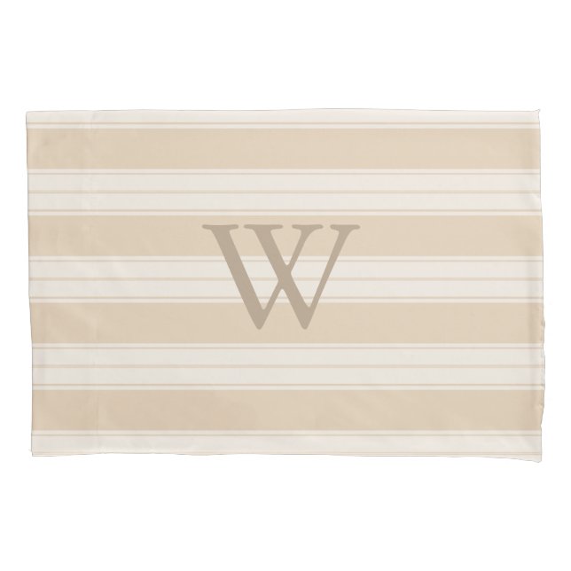 Classic Neutral Cream & Tan Stripes Taupe Initial Pillowcase (Front)