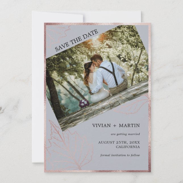 Classic Neutral Grey Matt Rose Gold Leaves Wedding Save The Date (Front)