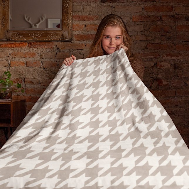 Classic Neutral Ivory Taupe Houndstooth Pattern Fleece Blanket (Creator Uploaded)