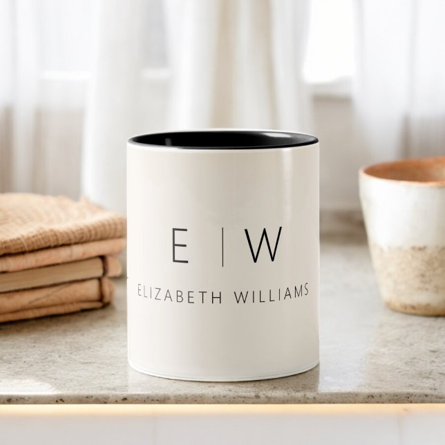 Classic Neutral Modern Minimalist Monogram Name Two-Tone Coffee Mug (Creator Uploaded)
