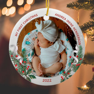 Classic Newborn 1st Christmas Plant Silver Frame Ceramic Ornament