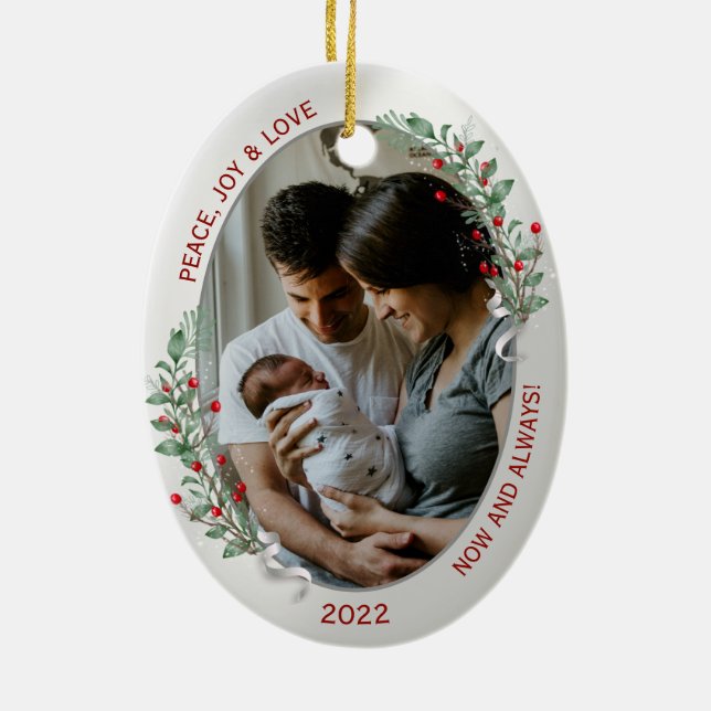 Classic Newborn 1st Christmas Plants Silver Frame  Ceramic Ornament (Back)