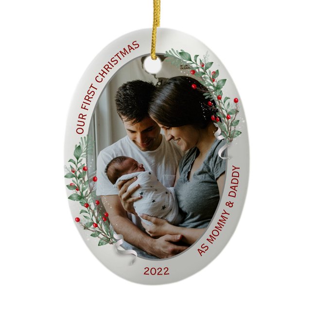 Classic Newborn 1st Christmas Plants Silver Frame  Ceramic Ornament (Creator Uploaded)