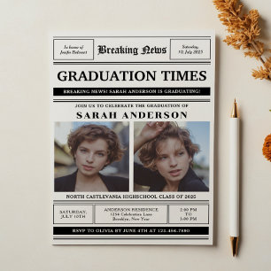 Classic Newspaper Style 2 Photo Graduation Party Invitation