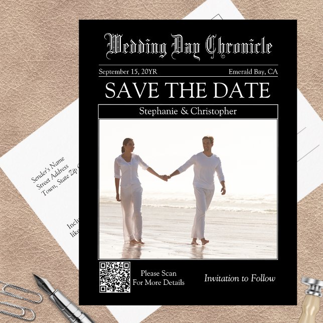 Classic Newspaper Wedding QR Code Save the Date Postcard (Classic Newspaper Wedding QR code Save the Date Postcard)