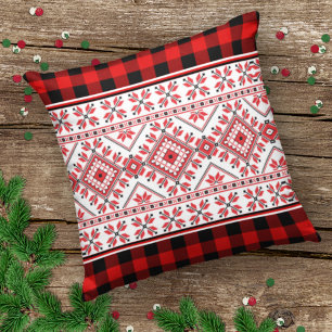 Classic Nordic Fair Isle And Red Black Lumberjack Cushion