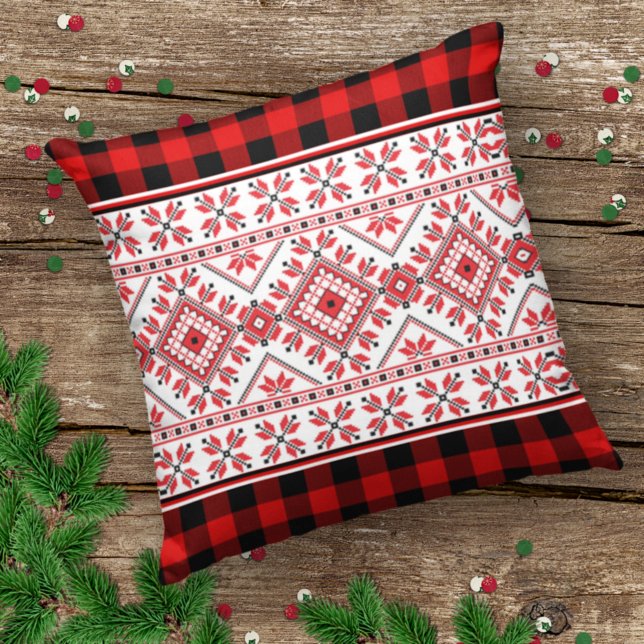 Classic Nordic Fair Isle And Red Black Lumberjack Cushion (Creator Uploaded)