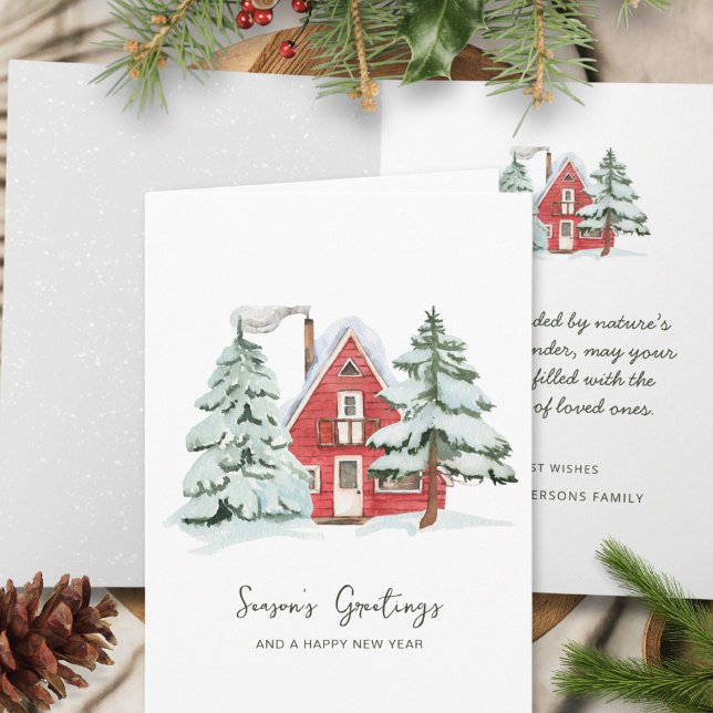 Classic Nordic Winter Red Barn Pine Christmas Tree Card (Creator Uploaded)