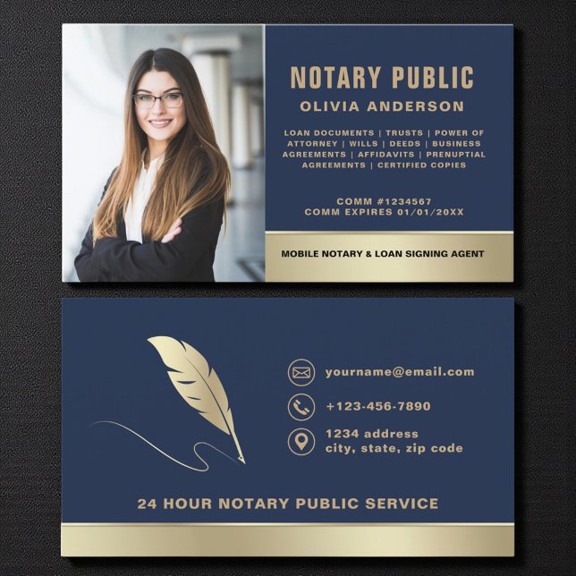 Classic Notary Public Navy Blue & Gold Photo Business Card (Creator Uploaded)