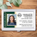 Classic Notary Public Photo Logo Green Business Card Holder<br><div class="desc">A professional Notary Public business card case, with a profile photo and accreditation symbol. This editable template can be personalised with a name, credentials, and area served, along with your company logo or certification mark for branding. A classic blend of traditional and contemporary style, creating an elegant and friendly appearance,...</div>