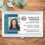 Classic Notary Public Photo Logo Teal Business Card Holder<br><div class="desc">A professional Notary Public business card case, with a profile photo and accreditation symbol. This editable template can be personalised with a name, credentials, and area served, along with your company logo or certification mark for branding. A classic blend of traditional and contemporary style, creating an elegant and friendly appearance,...</div>
