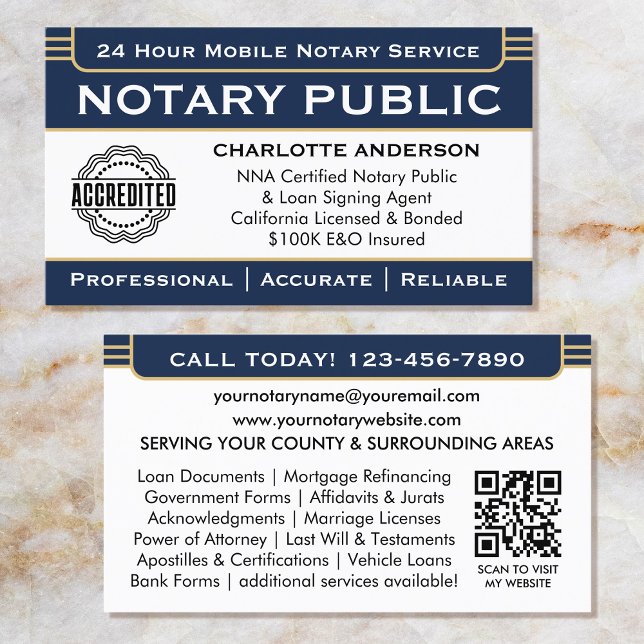 Classic Notary Signing Agent ID Logo Navy Gold Business Card (Creator Uploaded)