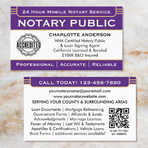 Classic Notary Signing Agent ID Logo Purple Gold Business Card