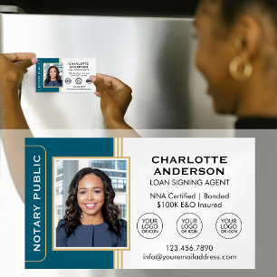 Classic Notary Signing Agent Photo Teal Gold Magnetic Business Card