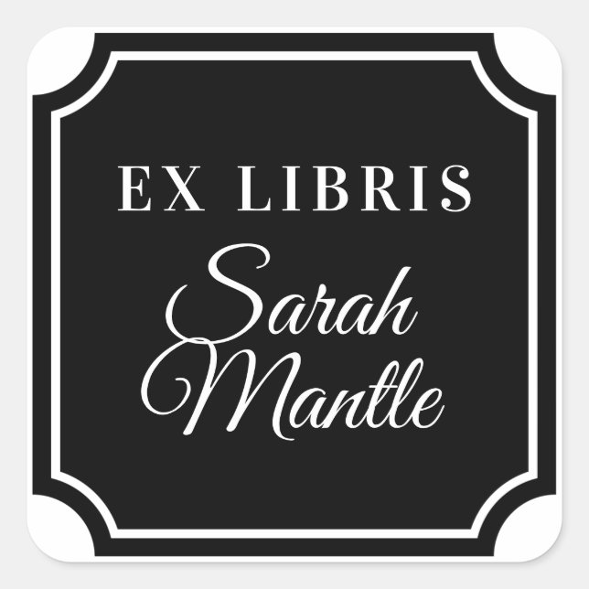 Classic Notched Border Ex Libris Name Bookplate Square Sticker (Front)