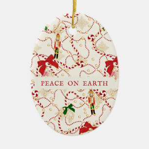 Classic Nutcracker Candy Cane Peace on Earth Ceramic Ornament