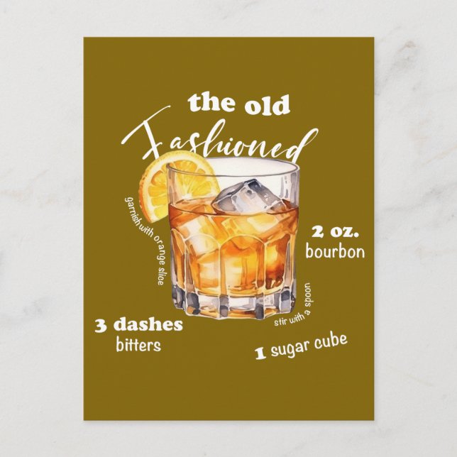 Classic Old Fashioned Recipe Cocktail Art Postcard (Front)