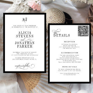Classic old money black and white wedding invitation