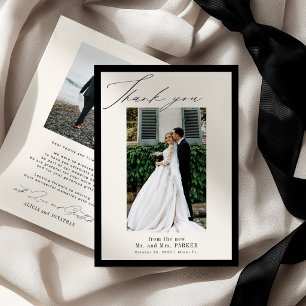 Classic old money black ivory 2 photo wedding thank you card