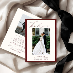 Classic old money burgundy ivory 2 photo wedding thank you card