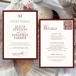 Classic old money burgundy ivory wedding invitation