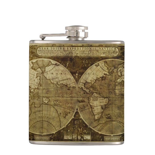 Classic old world Maps the Globe Hip Flask (Front)