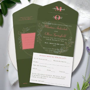 Classic Olive Green Blush Minimalist Wedding All In One Invitation