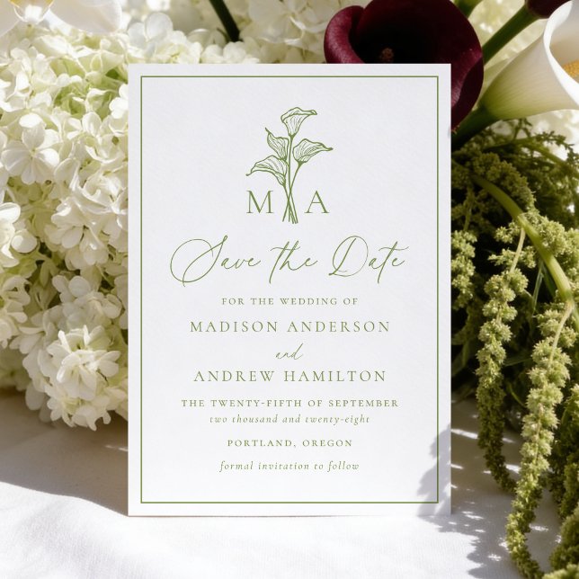 Classic Olive Green Calla Lily Monogram Wedding Save The Date (Creator Uploaded)