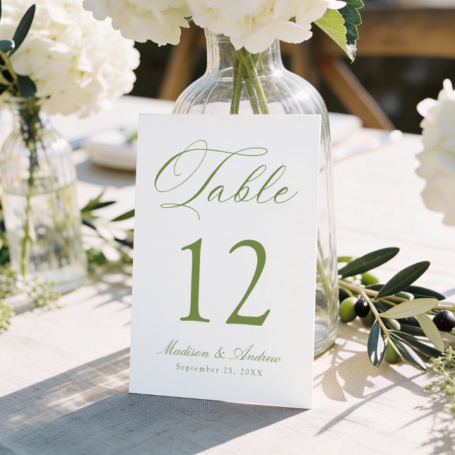 Classic Olive Green Calligraphy Wedding Table Number (Creator Uploaded)