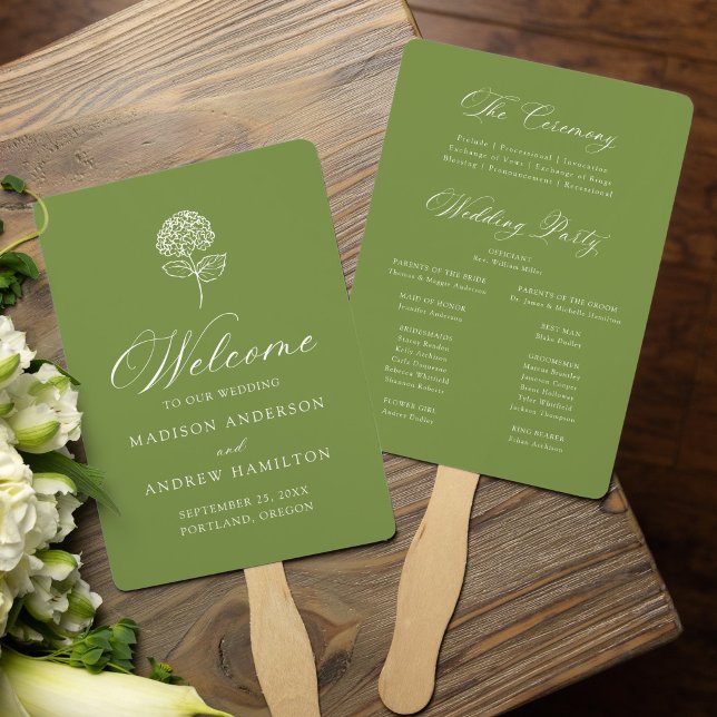 Classic Olive Green Hydrangea Wedding Program Hand Fan (Creator Uploaded)