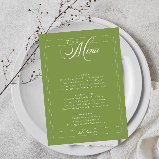 Classic Olive Green Ivory Calligraphy Wedding Menu Invitation (Creator Uploaded)