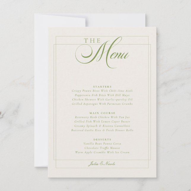 Classic Olive Green Ivory Calligraphy Wedding Menu Invitation (Front)