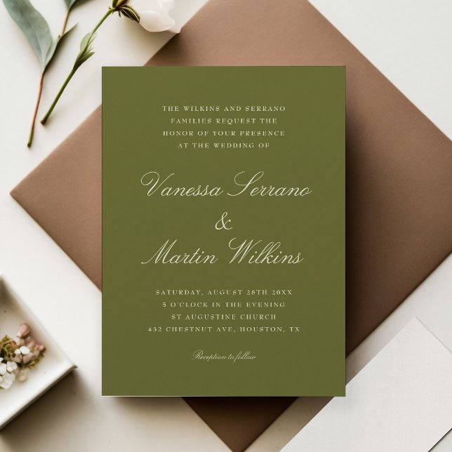 Classic Olive Green Script Names Wedding Invitation (olive green and names in script wedding invitation)